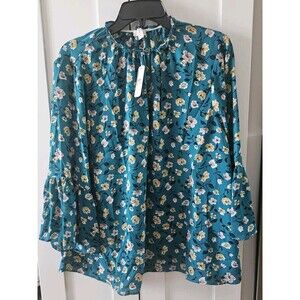 Charming Charlie Floral Blouse XL Teal Boho Ruffle Neck Tie Sleeve Top NWT